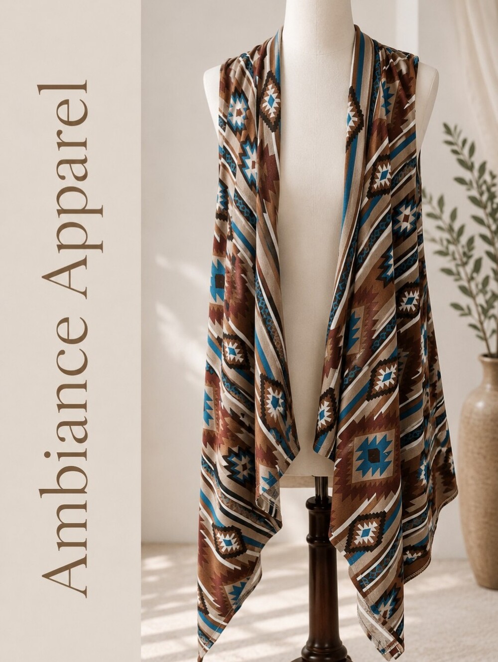 Southwest Waterfall Open-Front Vest- Brown & Turquoise Geometric Print